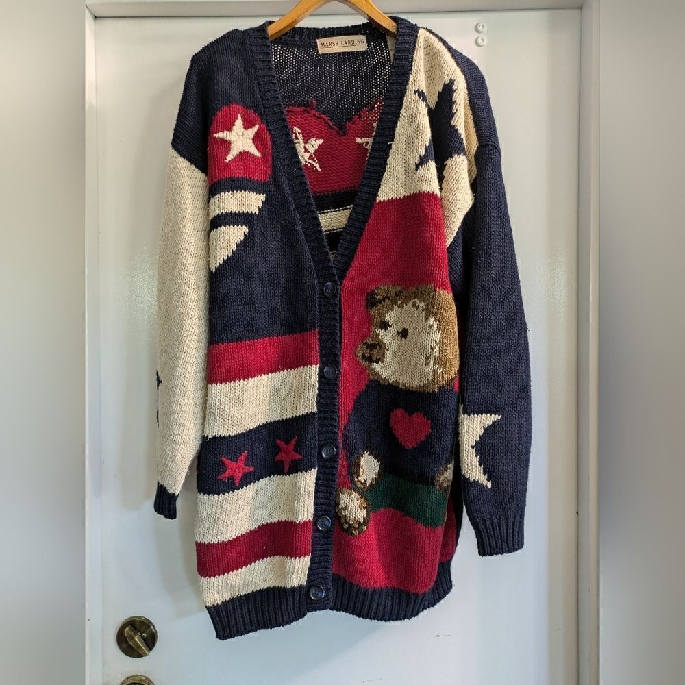 Marsh Landing Red, White Blue Usa Teddy Bear Grandma  Knit Cardigan Sweater